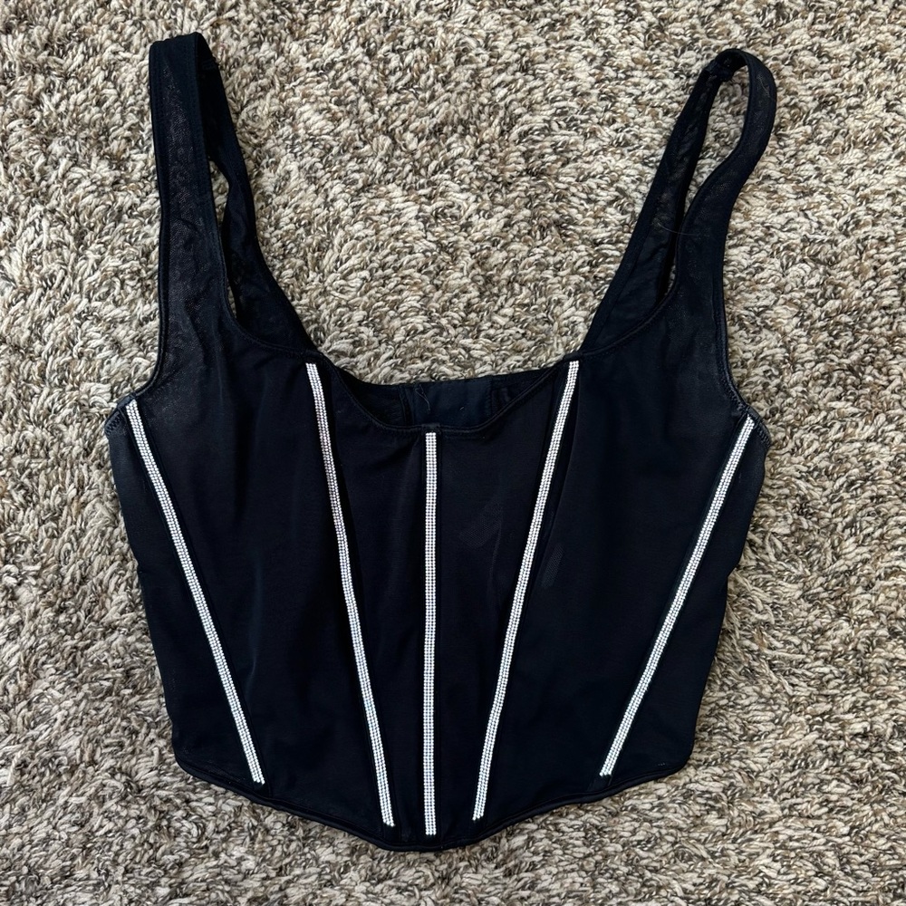 Victoria Secret Sheer Shine Black Corset Top With Rhinestone Detail- Small